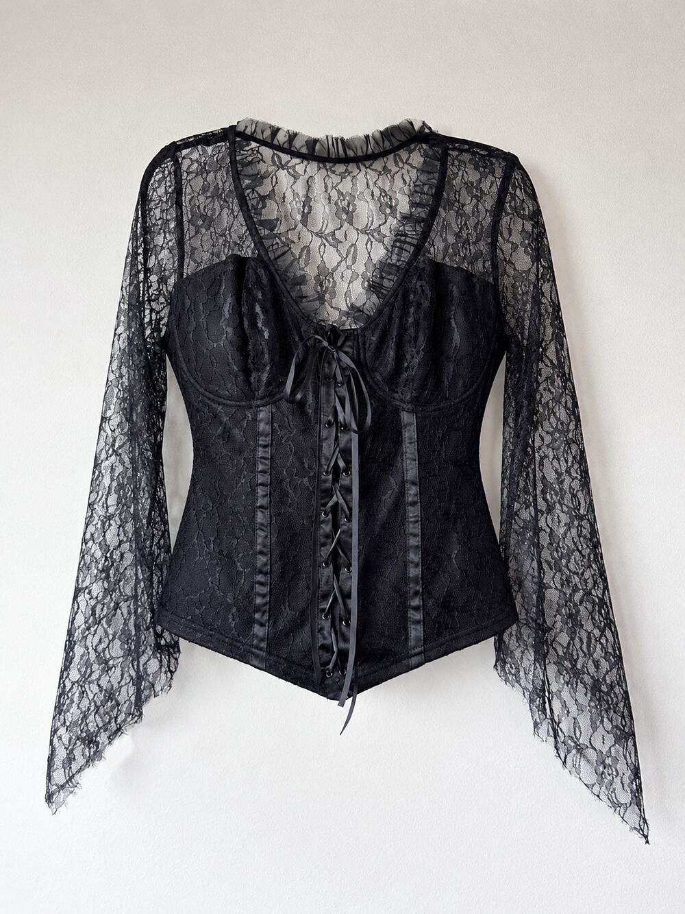 Vintage Lip Service Black Lace Corset Top Y2K Goth Lace Up Sheer Bell Sleeve 2X